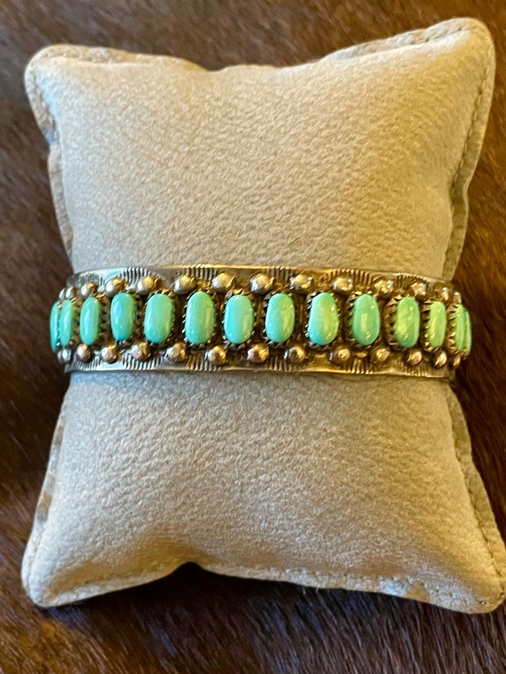 Vintage Zuni Turquoise and Silver Row Cuff Bracelet, Hallmark P. Ukestine